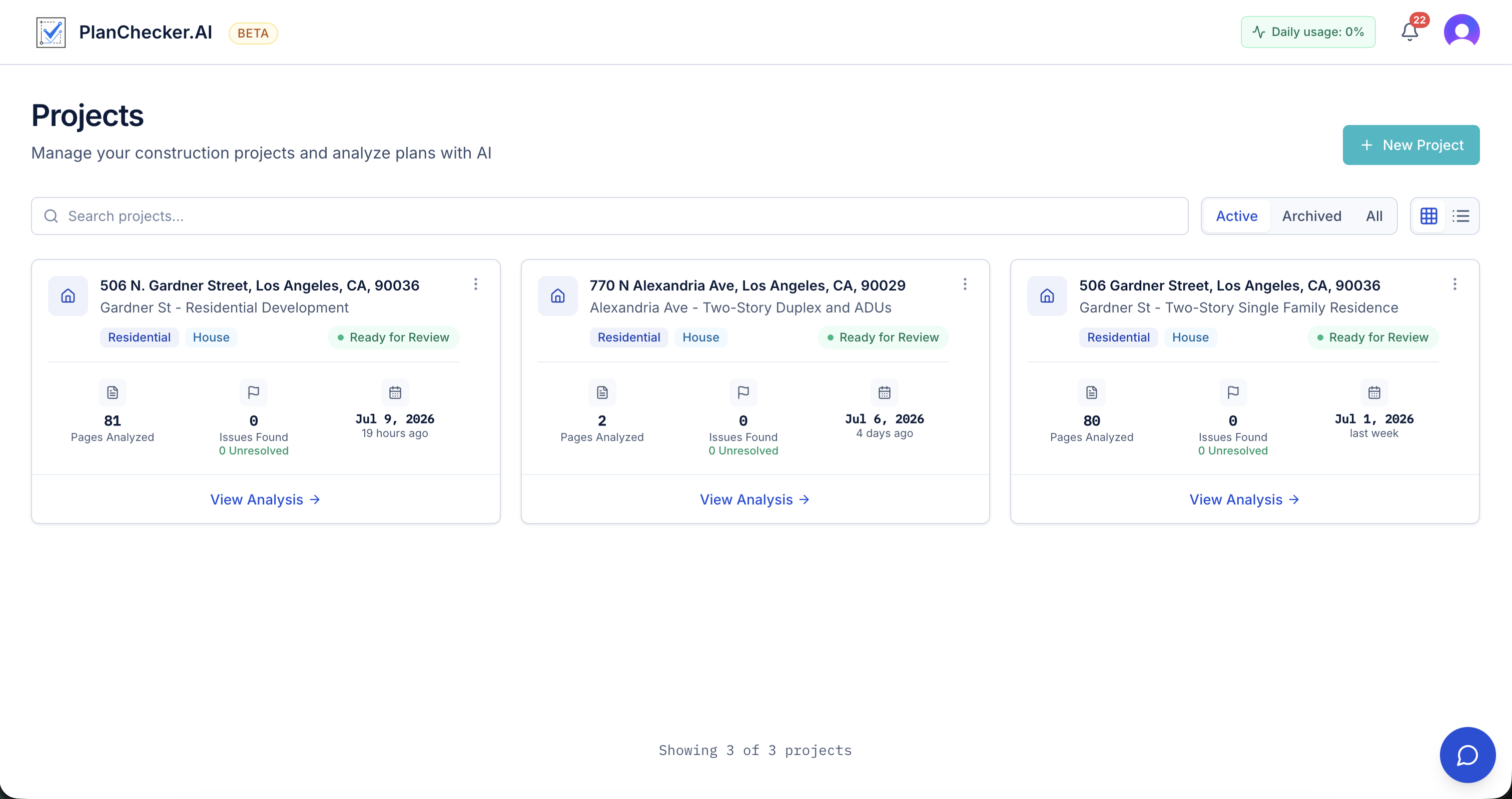 PlanChecker.AI projects dashboard with construction project cards