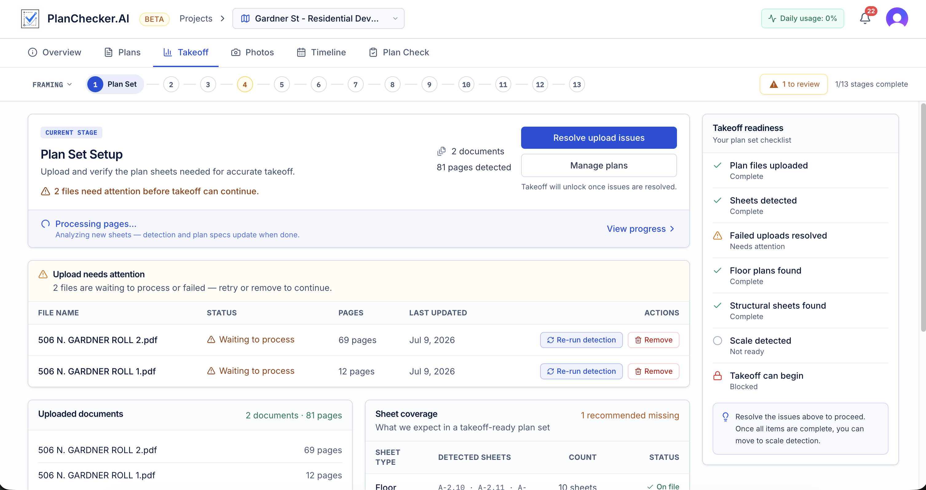 PlanChecker.AI takeoff workspace with plan set setup and readiness checklist